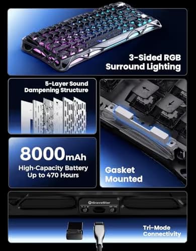 GravaStar Mercury K1 75% Wireless Mechanical Keyboard, Aluminum Alloy Gaming Keyboard with Knob, Hot Swappable, Linear Switches, Transparent Keycaps, RGB Backlit, 2.4GHz/BT5.0/USB for PC Gaming image