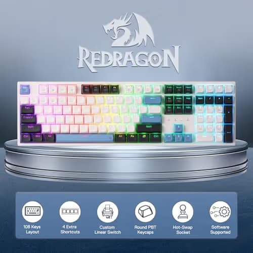 Redragon K668 Wired Gasket RGB Gaming Keyboard, 108 Keys Mechanical Keyboard w/Extra 4 Hotkeys, Upgraded Hot-swappable Socket, Sound Absorbing Foam, Mixed Color Keycaps, Custom Linear Switch image