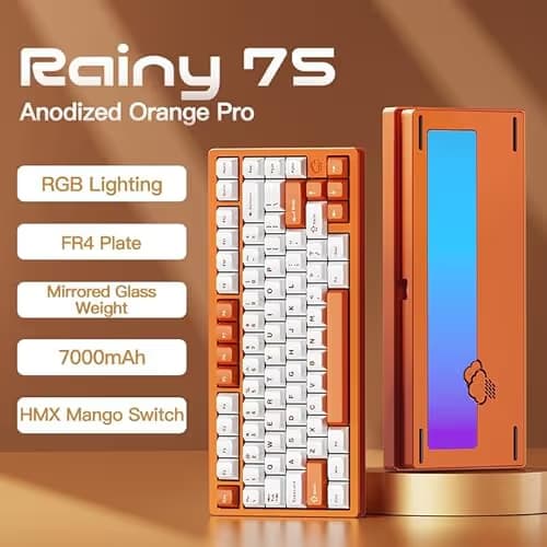 KEEBMONKEY WOBKEY Rainy 75 Aluminum HMX/JWK Switches Mechanical Keyboard with Superior Acoustics, Wired, BT, 2.4G Wireless Connectivity (Pro Orange(Mirrored Glass Weight)) image