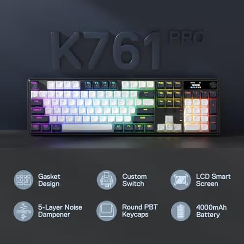 Redragon K761 Wireless Gasket Gaming Keyboard w/Hype Screen & Knob, 104 Keys Mechanical Keyboard, Easy-Control 1.26’ TFT Info Display, 5-Layer Noise Dampening, Custom Linear Switch, Abyssal Blue image