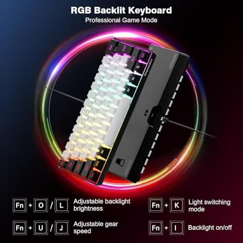 Snpurdiri 60% Wired Gaming Keyboard, 61 Keys RGB Backlit Ultra-Compact Small Gaming Keyboard, for PC/Mac Gamer, Typist, Travel, Easy to Carry on Business Trip(Black-White) image