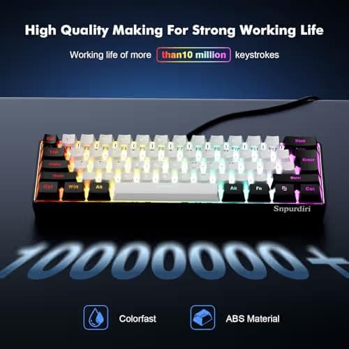 Snpurdiri 60% Wired Gaming Keyboard, 61 Keys RGB Backlit Ultra-Compact Small Gaming Keyboard, for PC/Mac Gamer, Typist, Travel, Easy to Carry on Business Trip(Black-White) image