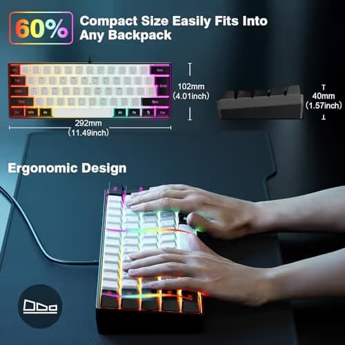 Snpurdiri 60% Wired Gaming Keyboard, 61 Keys RGB Backlit Ultra-Compact Small Gaming Keyboard, for PC/Mac Gamer, Typist, Travel, Easy to Carry on Business Trip(Black-White) image