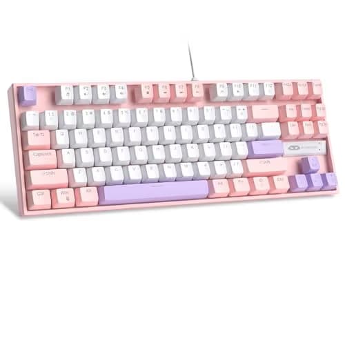 MageGee 75% Mechanical Gaming Keyboard, Red Switch, LED Blue Backlit, 87 Keys Compact TKL Wired Computer Keyboards for Windows Laptop PC Gamer - White/Pink image