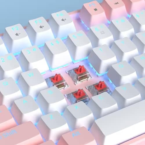 MageGee 75% Mechanical Gaming Keyboard, Red Switch, LED Blue Backlit, 87 Keys Compact TKL Wired Computer Keyboards for Windows Laptop PC Gamer - White/Pink image