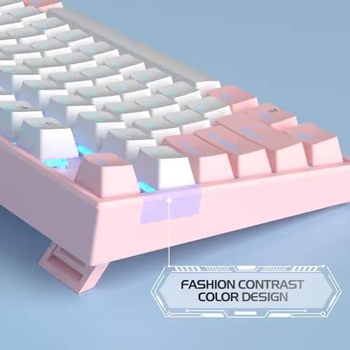 MageGee 75% Mechanical Gaming Keyboard, Red Switch, LED Blue Backlit, 87 Keys Compact TKL Wired Computer Keyboards for Windows Laptop PC Gamer - White/Pink image