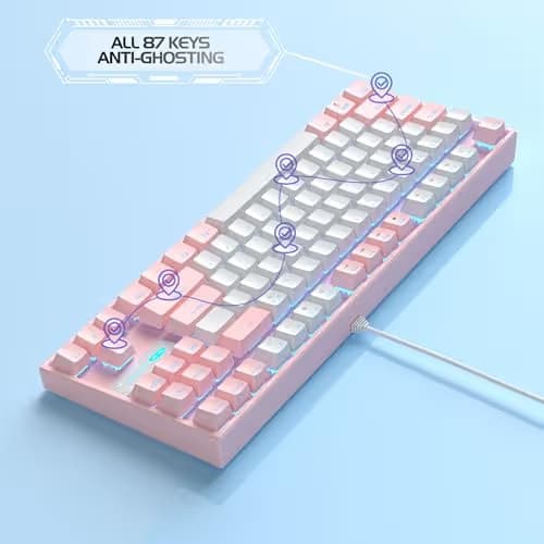 MageGee 75% Mechanical Gaming Keyboard, Red Switch, LED Blue Backlit, 87 Keys Compact TKL Wired Computer Keyboards for Windows Laptop PC Gamer - White/Pink image