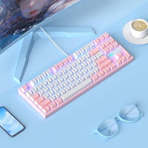 MageGee 75% Mechanical Gaming Keyboard, Red Switch, LED Blue Backlit, 87 Keys Compact TKL Wired Computer Keyboards for Windows Laptop PC Gamer - White/Pink image