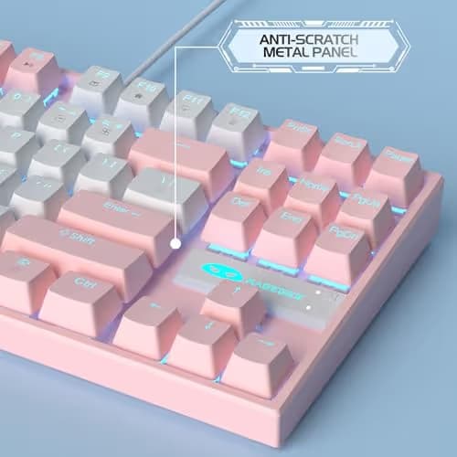 MageGee 75% Mechanical Gaming Keyboard, Red Switch, LED Blue Backlit, 87 Keys Compact TKL Wired Computer Keyboards for Windows Laptop PC Gamer - White/Pink image