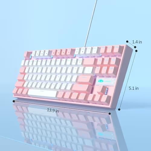 MageGee 75% Mechanical Gaming Keyboard, Red Switch, LED Blue Backlit, 87 Keys Compact TKL Wired Computer Keyboards for Windows Laptop PC Gamer - White/Pink image
