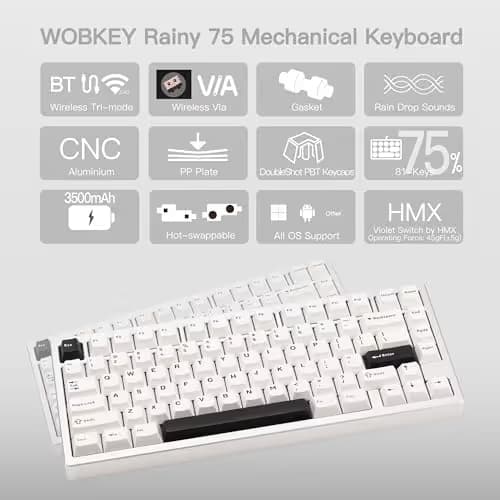 KEEBMONKEY WOBKEY Rainy 75 CNC Aluminum HMX/JWK/Cocoa Switches Triple-Mode Connectivity Mechanical Keyboard with Superior Acoustics, No RGB/PP/Mirrored Glass/3500mAh/Violet Switch (Lite - Silver) image