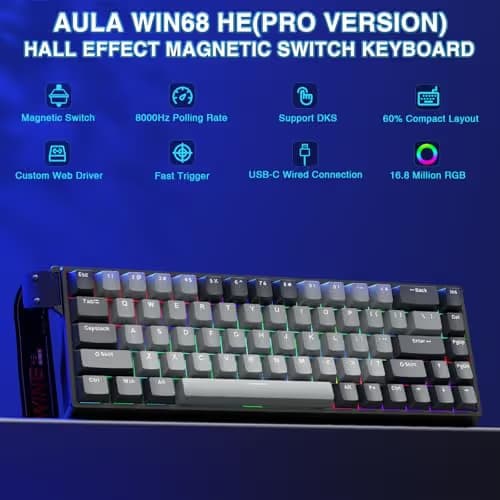AULA WIN68 HE PRO - Hall Effect Gaming Keyboard with Magnetic Switch, Fast Trigger Mode Adjustable Actuation, 8KHz Polling Rate, Wired RGB Backlit Mechanical Gaming Keyboard 60 Percent Compact Design image