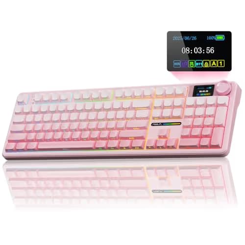 AULA F108 PRO - Wireless Mechanical Keyboard with Screen & Knob,Full Size Keyboard with 8000mAh Battery,Pre-lubed Switches,Side Printed PBT Keycaps,RGB Backlit Hot Swappable Custom Pink Keyboards image