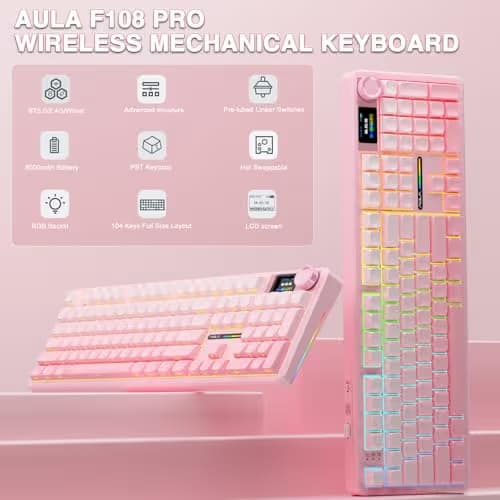 AULA F108 PRO - Wireless Mechanical Keyboard with Screen & Knob,Full Size Keyboard with 8000mAh Battery,Pre-lubed Switches,Side Printed PBT Keycaps,RGB Backlit Hot Swappable Custom Pink Keyboards image