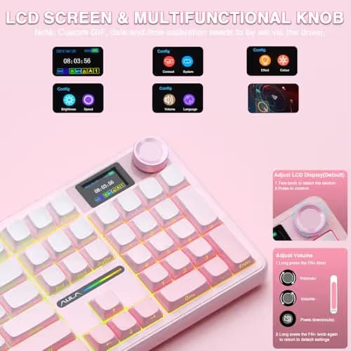 AULA F108 PRO - Wireless Mechanical Keyboard with Screen & Knob,Full Size Keyboard with 8000mAh Battery,Pre-lubed Switches,Side Printed PBT Keycaps,RGB Backlit Hot Swappable Custom Pink Keyboards image
