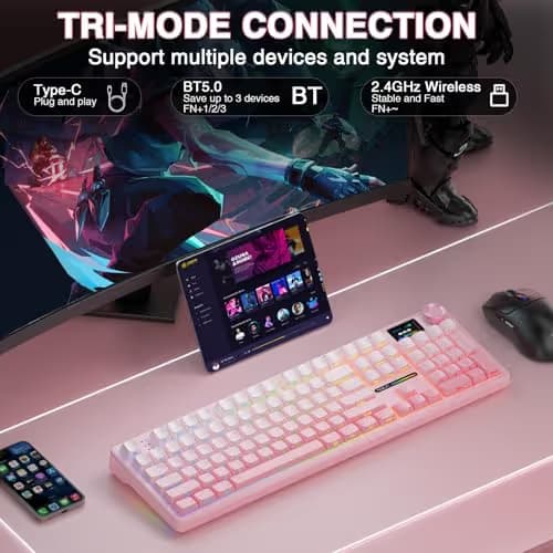 AULA F108 PRO - Wireless Mechanical Keyboard with Screen & Knob,Full Size Keyboard with 8000mAh Battery,Pre-lubed Switches,Side Printed PBT Keycaps,RGB Backlit Hot Swappable Custom Pink Keyboards image