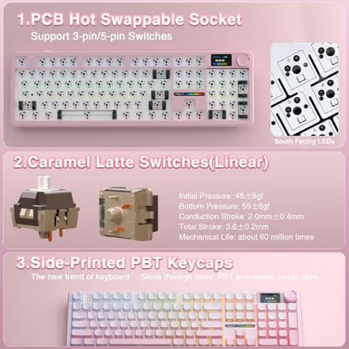 AULA F108 PRO - Wireless Mechanical Keyboard with Screen & Knob,Full Size Keyboard with 8000mAh Battery,Pre-lubed Switches,Side Printed PBT Keycaps,RGB Backlit Hot Swappable Custom Pink Keyboards image