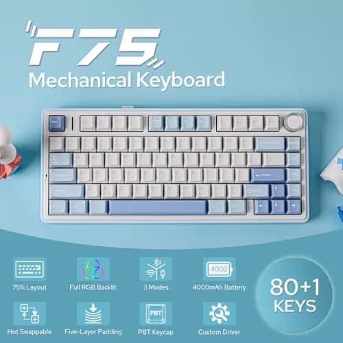 EPOMAKER x Aula F75 Gasket Mechanical Keyboard, 75% Wireless Hot Swappable Gaming Keyboard with Five-Layer Padding&Knob, BT/2.4GHz/USB-C, RGB (Sea Salt Blue, LEOBOG Reaper Switch) image