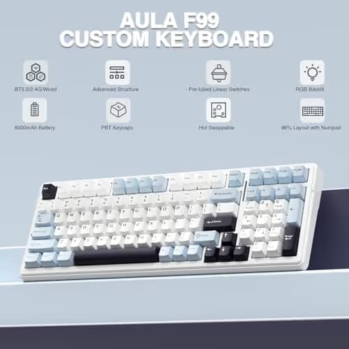 AULA F99 Wireless Mechanical Keyboard, Hot Swappable Custom Keyboard,Pre-lubed Linear Switches,Gasket Structure,RGB Backlit Gaming Keyboard (Blue&White) image