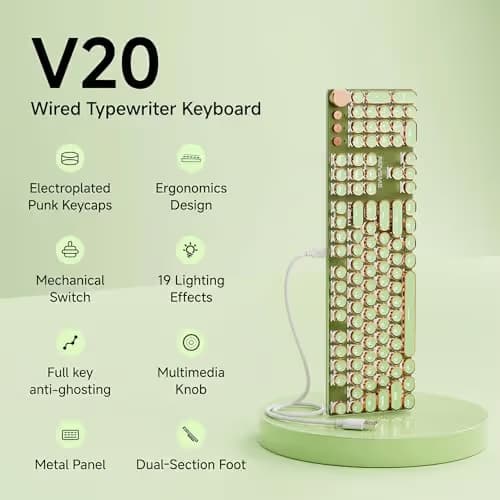 SEUNKWANG EWEADN Typewriter Style Mechanical Keyboard, Wired Typewriter Keyboards,104 Keys Backlit LED Metal Keyboards, Media Control Knob, Wired Computer Keyboard Pink Switch for Windows/PC-Green image