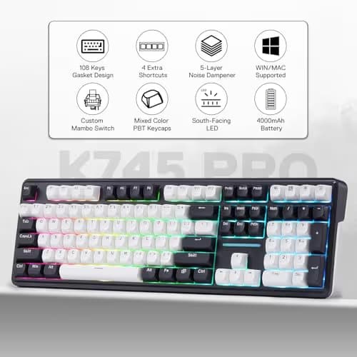 Redragon K745 PRO Wireless Gasket RGB Gaming Keyboard, 108 Keys Mechanical Keyboard w/Extra 4 Hotkeys, Hot-Swap Socket, 5-Layer Noise Dampening, See-Through Round PBT Keycaps, Mint Mambo Switch image