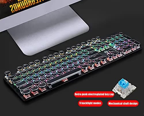 YSCP Typewriter Style Mechanical Gaming Keyboard Rainbow Backlit Wired with Blue Switch Retro Round Keycap 104 Keys Keyboard (L-Black) image