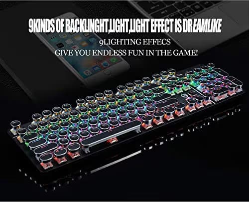 YSCP Typewriter Style Mechanical Gaming Keyboard Rainbow Backlit Wired with Blue Switch Retro Round Keycap 104 Keys Keyboard (L-Black) image