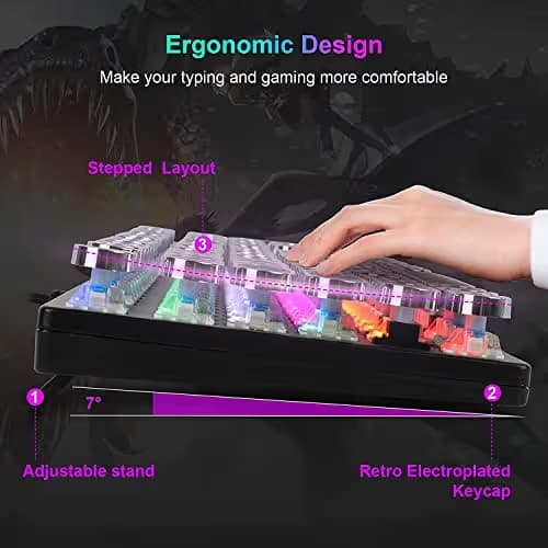 YSCP Typewriter Style Mechanical Gaming Keyboard Rainbow Backlit Wired with Blue Switch Retro Round Keycap 104 Keys Keyboard (L-Black) image