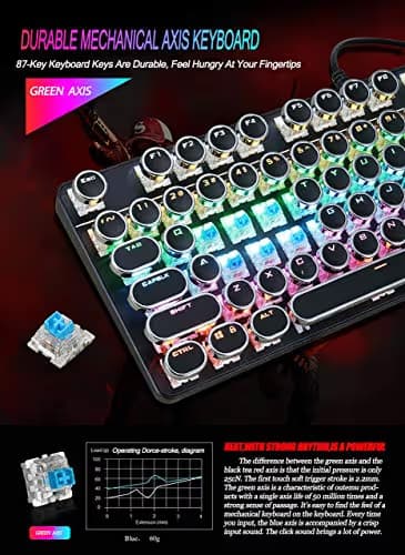 YSCP Typewriter Style Mechanical Gaming Keyboard Rainbow Backlit Wired with Blue Switch Retro Round Keycap 104 Keys Keyboard (L-Black) image