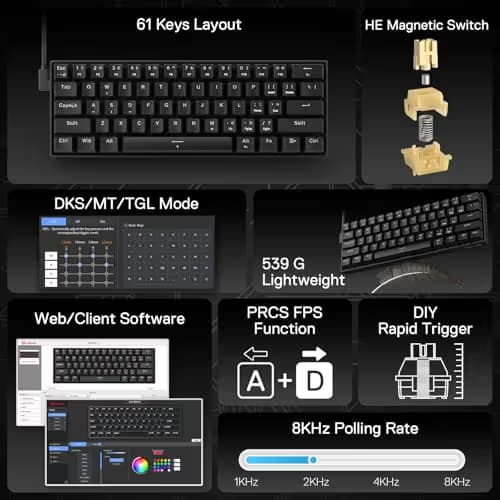 Redragon K617 HE Rapid Trigger Gaming Keyboard, 60% 61 Keys Wired Mechanical Keyboard w/Hyper-Fast Actuation, Dedicated Hall Effect Magnetic Switch, Actuation Point Adjustable, Essential Black image