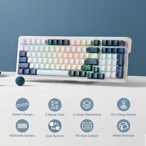 Redragon K686 PRO 98 Keys Wireless Gasket RGB Gaming Keyboard, 3-Mode Win/Mac Mechanical Keyboard w/5-Layer Noise Dampening, Dedicated Knob Control & Hot-Swap in Linear Red Switch, Blue Himmel Color image