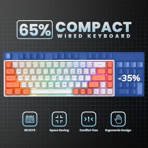 GEODMAER 65% Gaming Keyboard, LED Backlit Mini Wired Keyboard, Ultra-Compact Anti-Ghosting No-Conflict 68 Keys Membrane Gaming Wired Keyboard for PC Laptop Windows Gamer(White-Orange) image