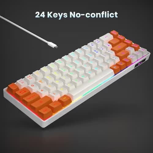 GEODMAER 65% Gaming Keyboard, LED Backlit Mini Wired Keyboard, Ultra-Compact Anti-Ghosting No-Conflict 68 Keys Membrane Gaming Wired Keyboard for PC Laptop Windows Gamer(White-Orange) image
