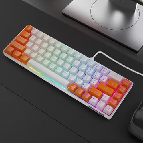 GEODMAER 65% Gaming Keyboard, LED Backlit Mini Wired Keyboard, Ultra-Compact Anti-Ghosting No-Conflict 68 Keys Membrane Gaming Wired Keyboard for PC Laptop Windows Gamer(White-Orange) image