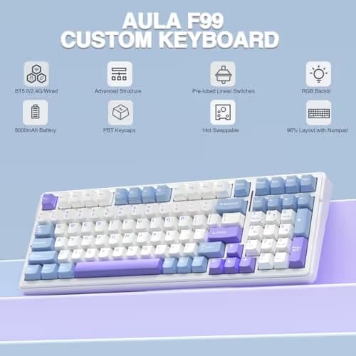 AULA F99 Wireless Mechanical Keyboard,Tri-Mode BT5.0/2.4GHz/USB-C Hot Swappable Custom Keyboard,Pre-lubed Linear Switches,Gasket Structure,RGB Backlit Gaming Keyboard for PC/Tablet/Xbox/PS4/PS5 image