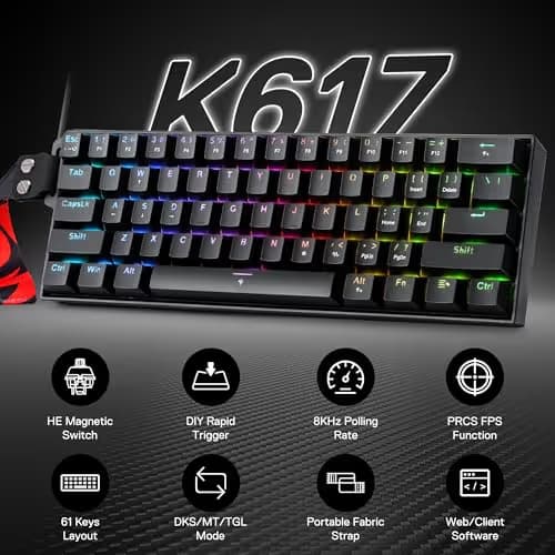 Redragon K617 HE Rapid Trigger Gaming Keyboard, 60% 61 Keys Wired Mechanical Keyboard w/Hyper-Fast Actuation, Dedicated Hall Effect Magnetic Switch, Actuation Point Adjustable, Strap Version image