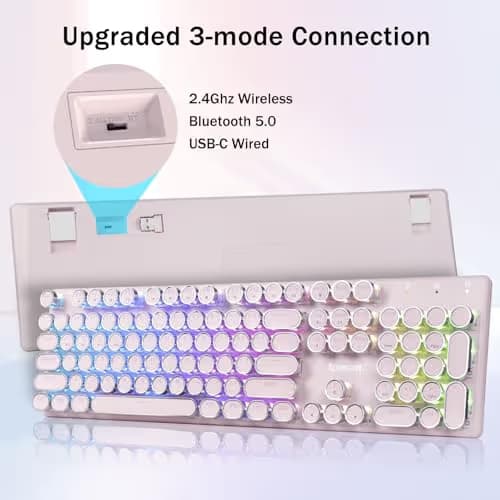 Redragon K710 Wireless Typewriter Mechanical Gaming Keyboard, Bluetooth/2.4Ghz/Wired, RGB Led Backlit, Blue Switch - Clicky, Rechargeable, Solid Metal Panel, Round Keycaps, Pink image