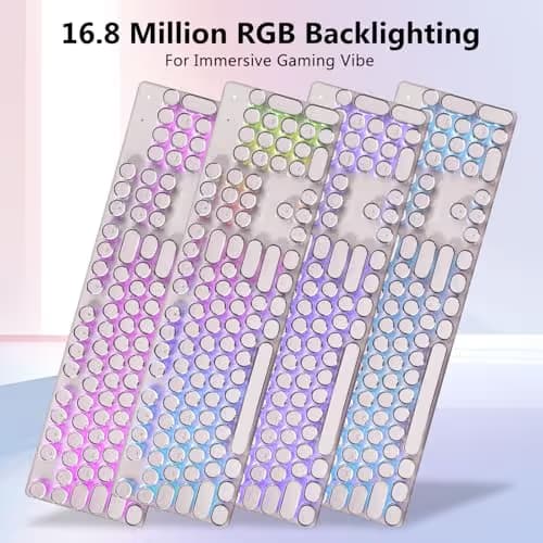 Redragon K710 Wireless Typewriter Mechanical Gaming Keyboard, Bluetooth/2.4Ghz/Wired, RGB Led Backlit, Blue Switch - Clicky, Rechargeable, Solid Metal Panel, Round Keycaps, Pink image