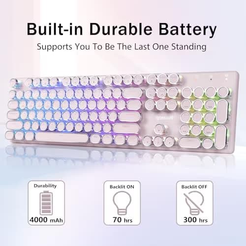 Redragon K710 Wireless Typewriter Mechanical Gaming Keyboard, Bluetooth/2.4Ghz/Wired, RGB Led Backlit, Blue Switch - Clicky, Rechargeable, Solid Metal Panel, Round Keycaps, Pink image