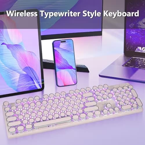 Redragon K710 Wireless Typewriter Mechanical Gaming Keyboard, Bluetooth/2.4Ghz/Wired, RGB Led Backlit, Blue Switch - Clicky, Rechargeable, Solid Metal Panel, Round Keycaps, Pink image