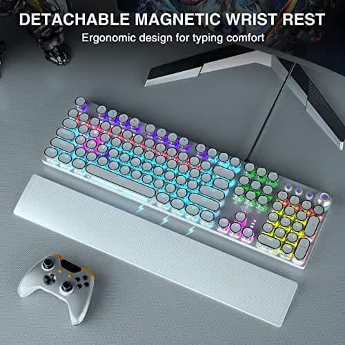 AULA F2088 Typewriter Mechanical Keyboard, White Retro Wired Gaming Keyboard with Blue Switches, Rainbow Backlit, Round Keycaps, Media Knob & Removable Wrist Rest image