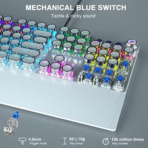 AULA F2088 Typewriter Mechanical Keyboard, White Retro Wired Gaming Keyboard with Blue Switches, Rainbow Backlit, Round Keycaps, Media Knob & Removable Wrist Rest image