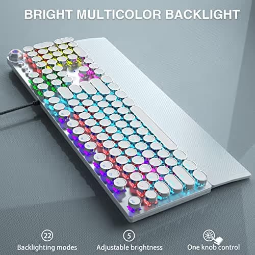 AULA F2088 Typewriter Mechanical Keyboard, White Retro Wired Gaming Keyboard with Blue Switches, Rainbow Backlit, Round Keycaps, Media Knob & Removable Wrist Rest image