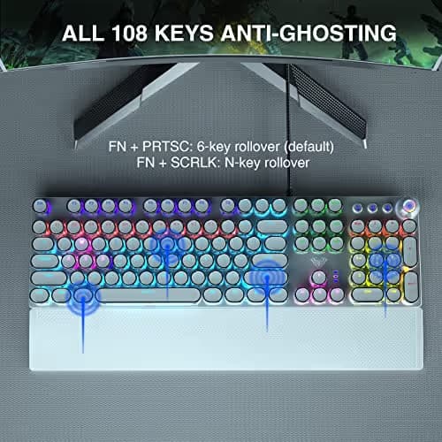 AULA F2088 Typewriter Mechanical Keyboard, White Retro Wired Gaming Keyboard with Blue Switches, Rainbow Backlit, Round Keycaps, Media Knob & Removable Wrist Rest image