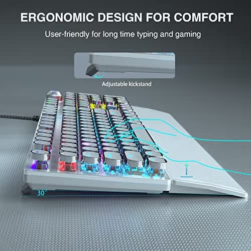 AULA F2088 Typewriter Mechanical Keyboard, White Retro Wired Gaming Keyboard with Blue Switches, Rainbow Backlit, Round Keycaps, Media Knob & Removable Wrist Rest image