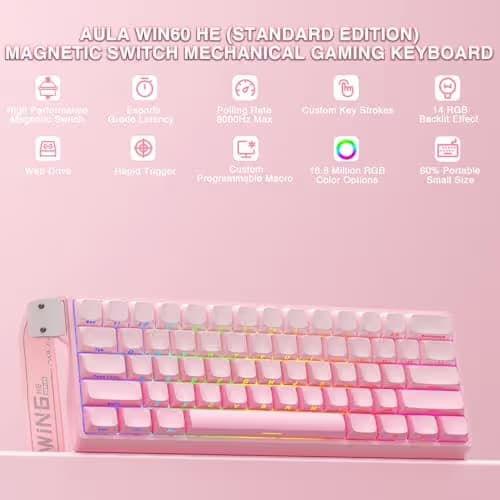 Aula WIN60 HE - 60% Mechanical Gaming Keyboard Wired, Hall Effect Magnetic Switch Hot Swappable,8000 Hz Polling Rate, RGB Keyboard 60 Percent Compact Design for PC (Gradient Pink) image