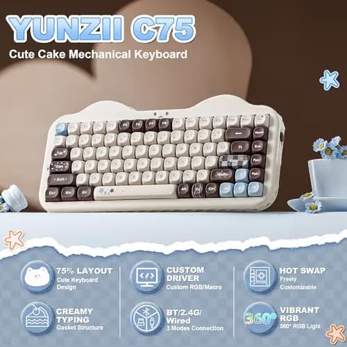YUNZII C75 Wireless Mechanical Keyboard, 75% Layout, Hot-Swappable NKRO, BT5.0/2.4G/USB-C Mode, Dye-Sub PBT MOA Keycaps, RGB Gasket Mount, Cute Cake Design for Mac/Win/Gaming (Choco, Milk V2 Switch) image