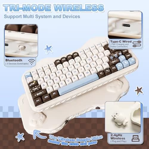 YUNZII C75 Wireless Mechanical Keyboard, 75% Layout, Hot-Swappable NKRO, BT5.0/2.4G/USB-C Mode, Dye-Sub PBT MOA Keycaps, RGB Gasket Mount, Cute Cake Design for Mac/Win/Gaming (Choco, Milk V2 Switch) image