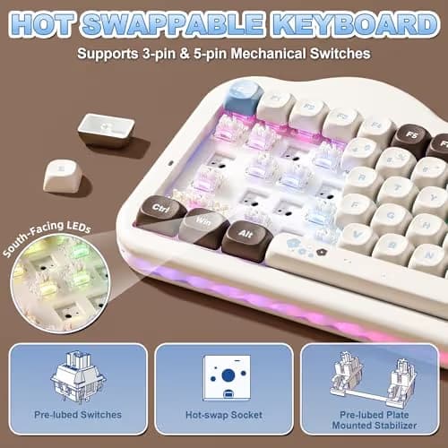 YUNZII C75 Wireless Mechanical Keyboard, 75% Layout, Hot-Swappable NKRO, BT5.0/2.4G/USB-C Mode, Dye-Sub PBT MOA Keycaps, RGB Gasket Mount, Cute Cake Design for Mac/Win/Gaming (Choco, Milk V2 Switch) image