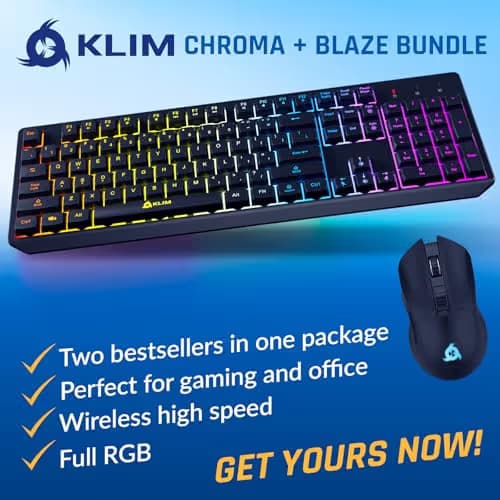 KLIM Chroma Wireless Keyboard and Mouse – RGB Backlit Gaming Combo, Rechargeable Wireless Keyboard & RGB Mouse, Durable & Ergonomic, Dual USB Receivers, Compatible with PC, Mac, PS4, PS5 image